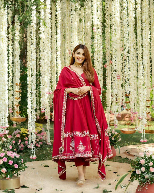 Multi Thread Work Red Color Anarkali Suit