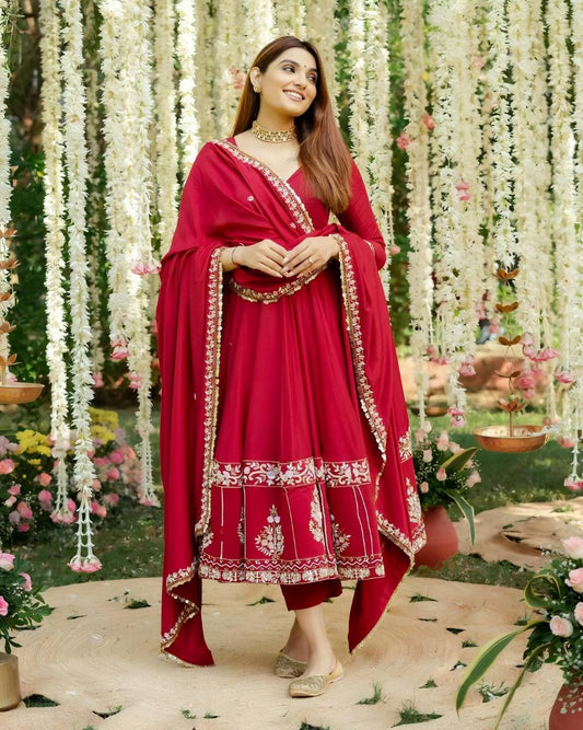 Multi Thread Work Red Color Anarkali Suit