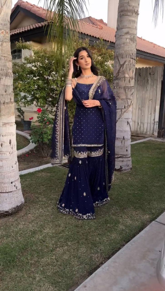 Fancy Blue Color With Work Sharara Suit