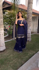 Fancy Blue Color With Work Sharara Suit