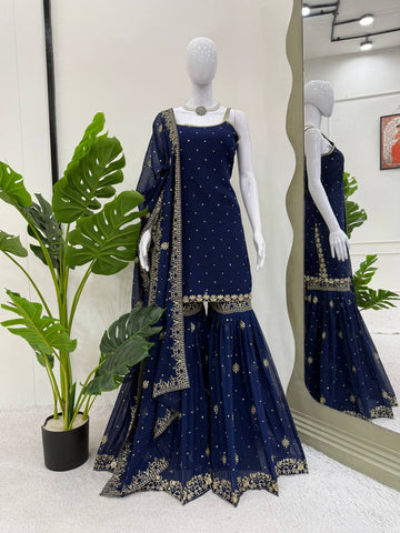 Fancy Blue Color With Work Sharara Suit
