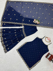 Fancy Blue Color With Work Sharara Suit