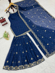 Fancy Blue Color With Work Sharara Suit