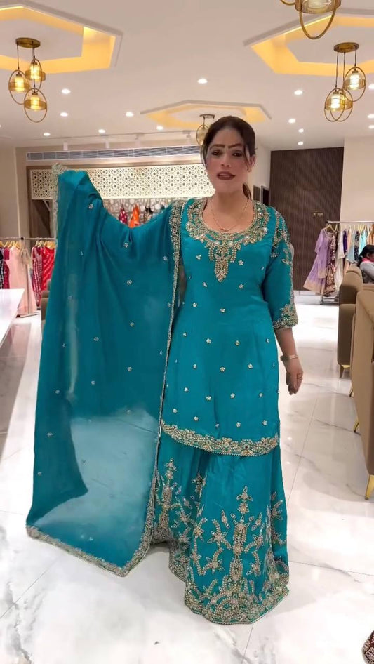 Crepe Silk Embroidered Sky Blue Color Sharara Suit