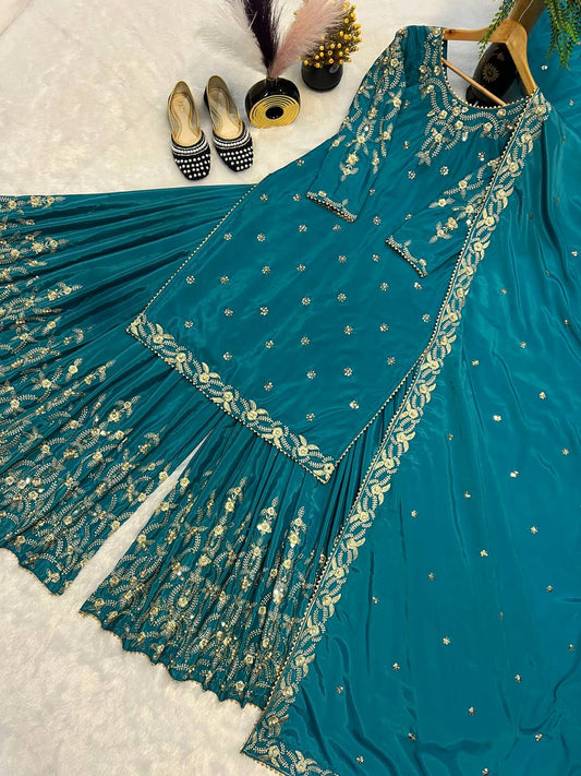 Crepe Silk Embroidered Sky Blue Color Sharara Suit