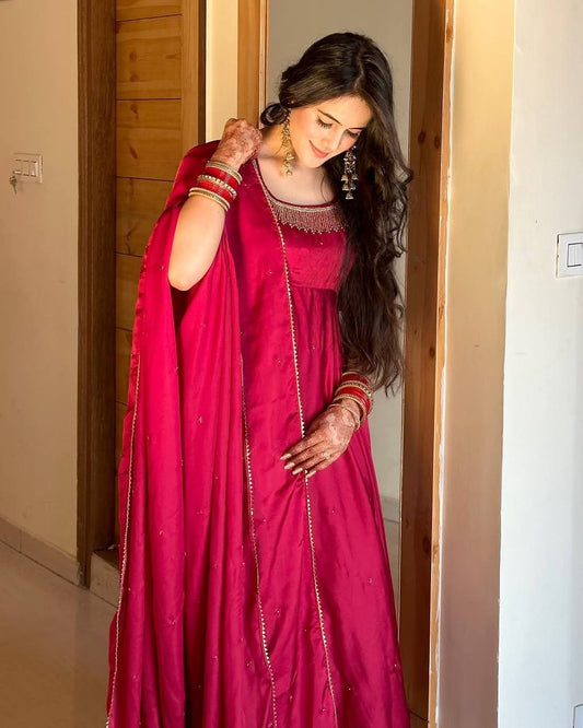 Pink Color Fully Stitched Glimmering Long Gown