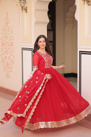 Embroidery Work Red Color Designer Gown