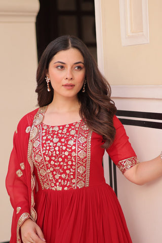 Embroidery Work Red Color Designer Gown