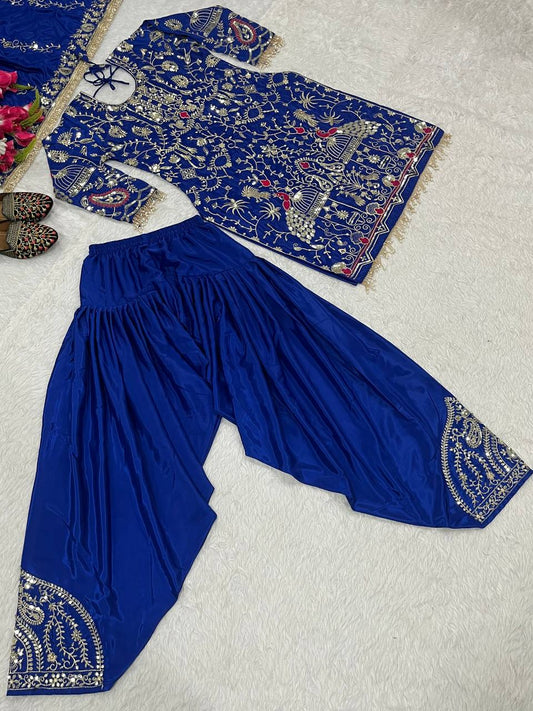 Shining Heavy Work Blue Color Dhoti Suit