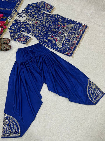 Shining Heavy Work Blue Color Dhoti Suit