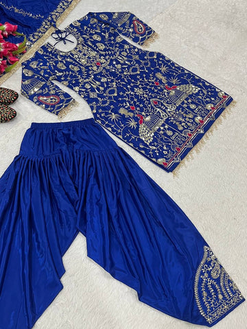 Shining Heavy Work Blue Color Dhoti Suit