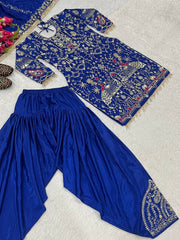 Shining Heavy Work Blue Color Dhoti Suit