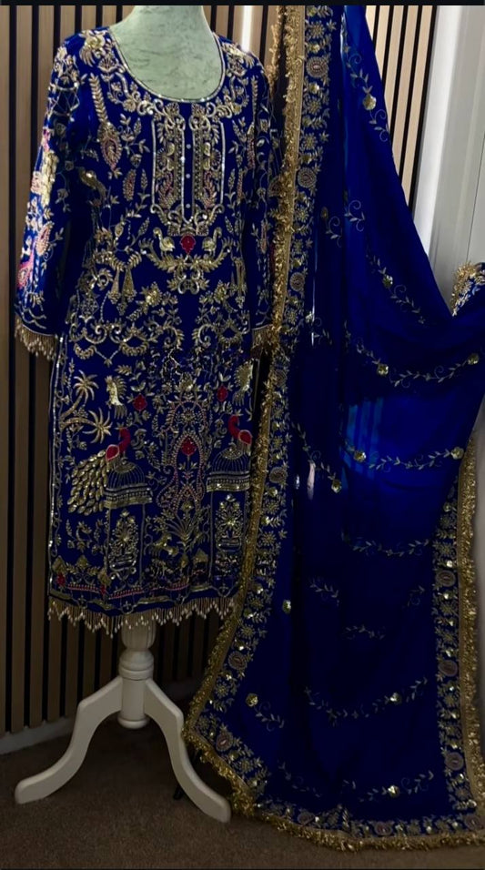 Shining Heavy Work Blue Color Dhoti Suit