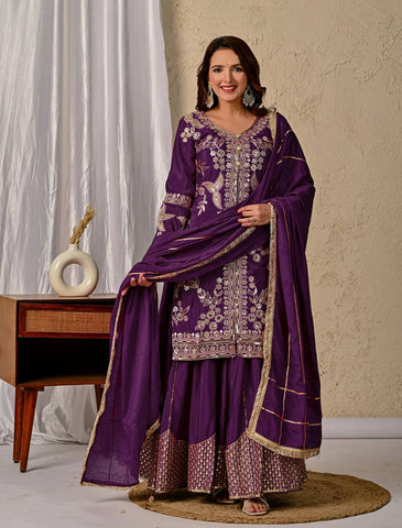 Sequence With Embroidery Work Wine Color Sharara Suit
