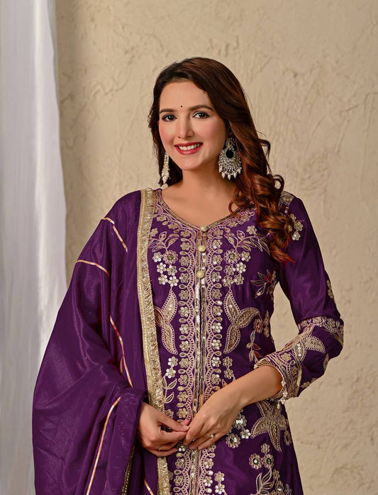 Sequence With Embroidery Work Wine Color Sharara Suit