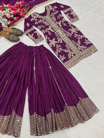 Sequence With Embroidery Work Wine Color Sharara Suit