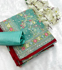 Rama Color Embroidered Organza Silk Saree