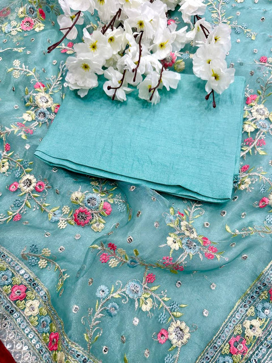 Rama Color Embroidered Organza Silk Saree