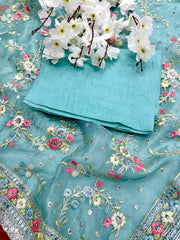 Rama Color Embroidered Organza Silk Saree