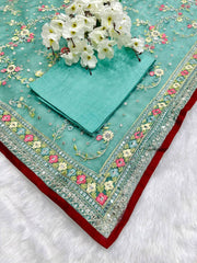 Rama Color Embroidered Organza Silk Saree