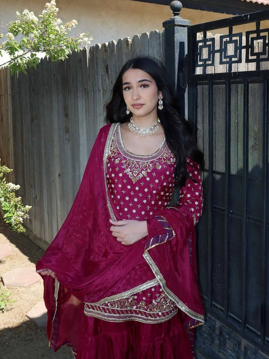 Delightful Pink Color Embroidery Work Sharara Suit
