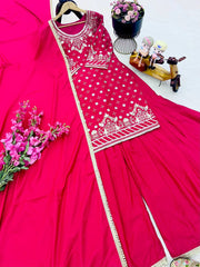 Delightful Pink Color Embroidery Work Sharara Suit