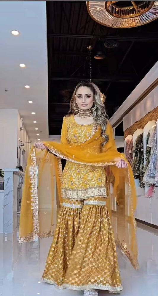 Heavy Work Mustard Color Sharara Suit