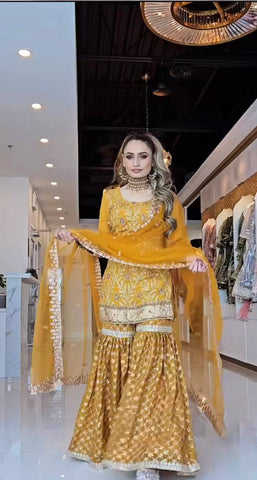 Heavy Work Mustard Color Sharara Suit