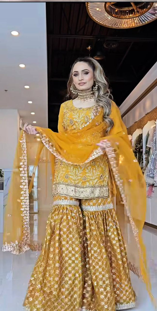Heavy Work Mustard Color Sharara Suit