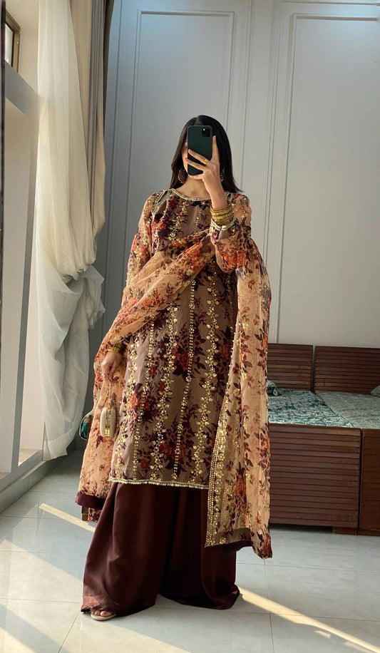 Brown Color Georgette Embroidery Work Palazzo Suit