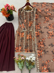 Brown Color Georgette Embroidery Work Palazzo Suit