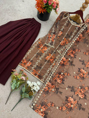 Brown Color Georgette Embroidery Work Palazzo Suit