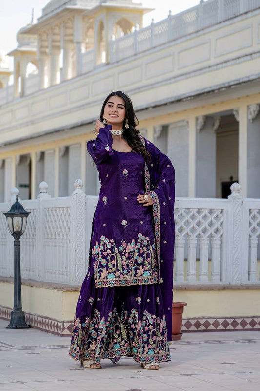 Purple Color Shining Gold Crush Palazzo Suit