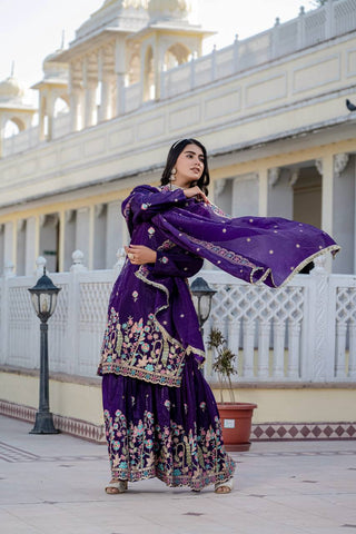 Purple Color Shining Gold Crush Palazzo Suit