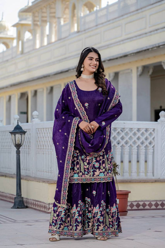 Purple Color Shining Gold Crush Palazzo Suit