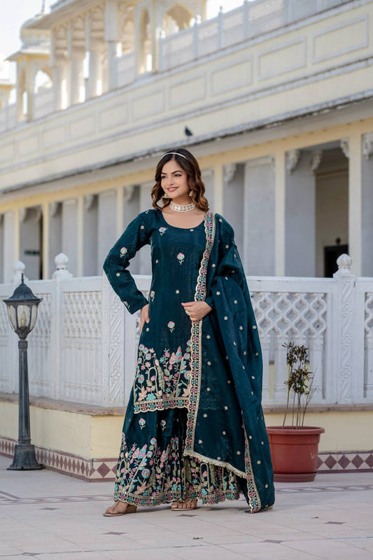 Teal Green Color Shining Gold Crush Palazzo Suit