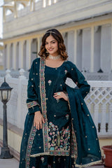 Teal Green Color Shining Gold Crush Palazzo Suit