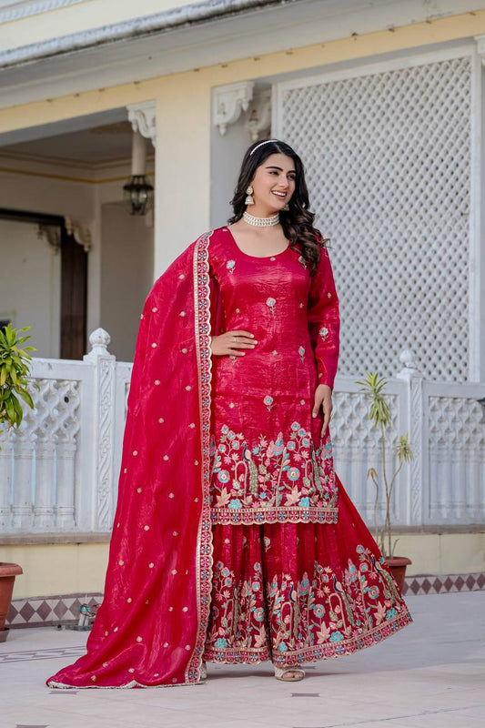 Red Color Shining Gold Crush Palazzo Suit