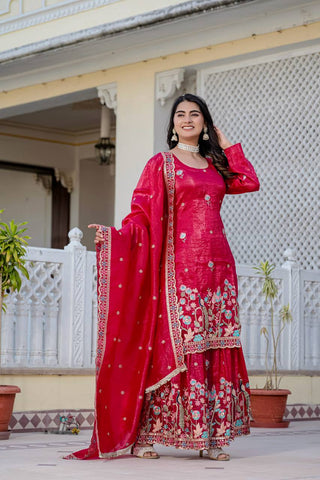 Red Color Shining Gold Crush Palazzo Suit
