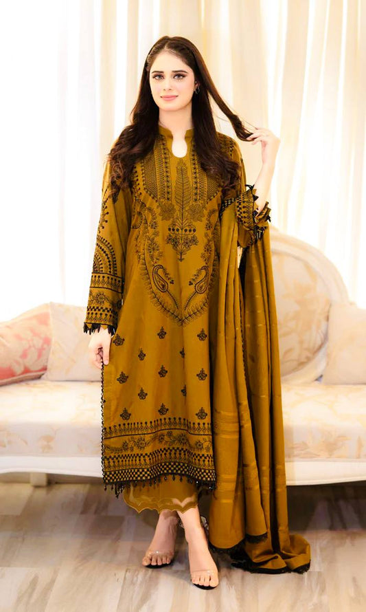Heavy Faux Georgette Full Stitched Mustard Color Salwar Suit