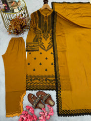 Heavy Faux Georgette Full Stitched Mustard Color Salwar Suit