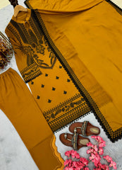 Heavy Faux Georgette Full Stitched Mustard Color Salwar Suit