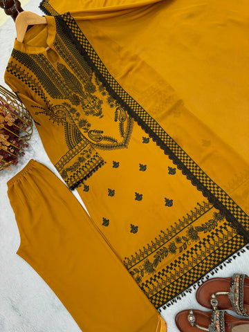 Heavy Faux Georgette Full Stitched Mustard Color Salwar Suit