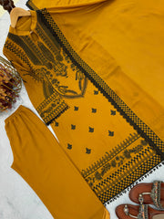 Heavy Faux Georgette Full Stitched Mustard Color Salwar Suit