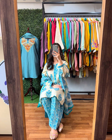Casual Wear Digital Printed Sky Blue Color Palazzo Suit