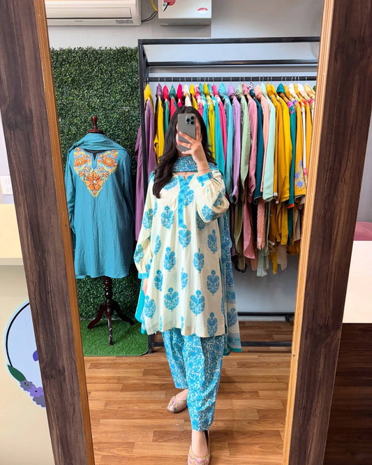 Casual Wear Digital Printed Sky Blue Color Palazzo Suit