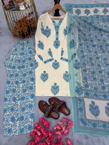 Casual Wear Digital Printed Sky Blue Color Palazzo Suit