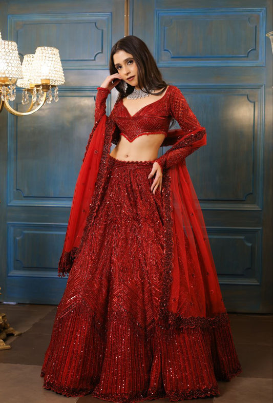 Embellished Heavy Work Red Color Reception Wear Lehenga Set