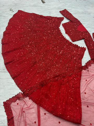 Embellished Heavy Work Red Color Reception Wear Lehenga Set