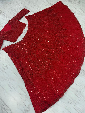Embellished Heavy Work Red Color Reception Wear Lehenga Set